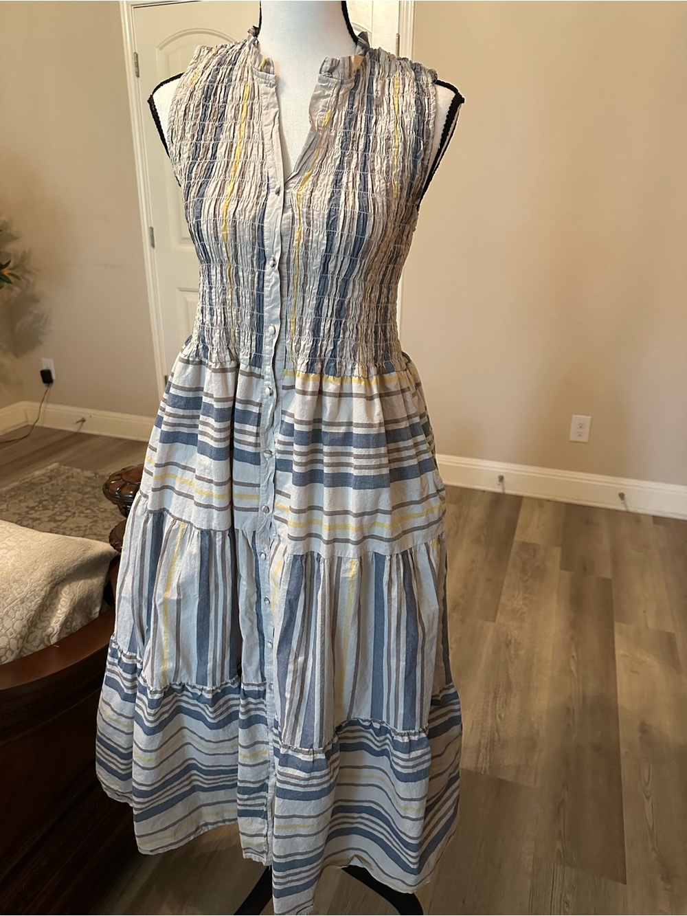 Sleeveless Smocked Tiered Midi Dress — Blue, White & Yellow